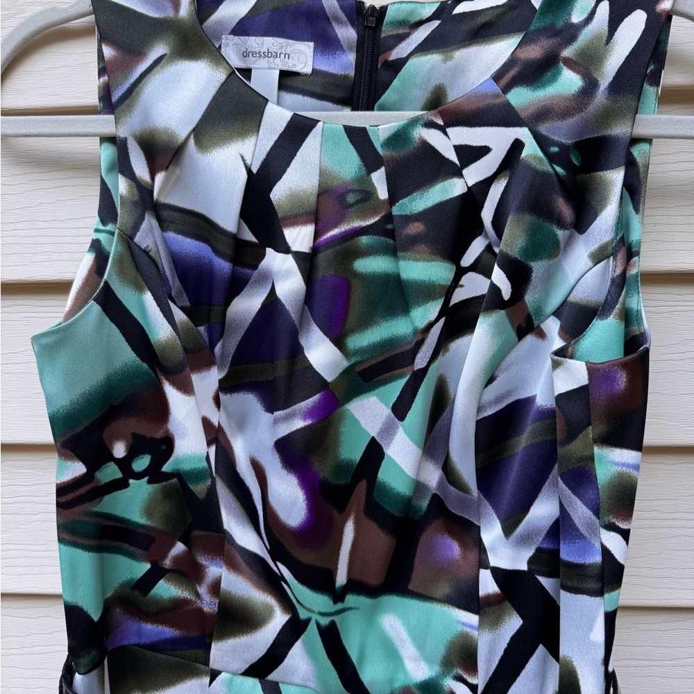 Teal Purple Black Sheath Dress size 4 zip up back w patent leather belt - Picture 7 of 13